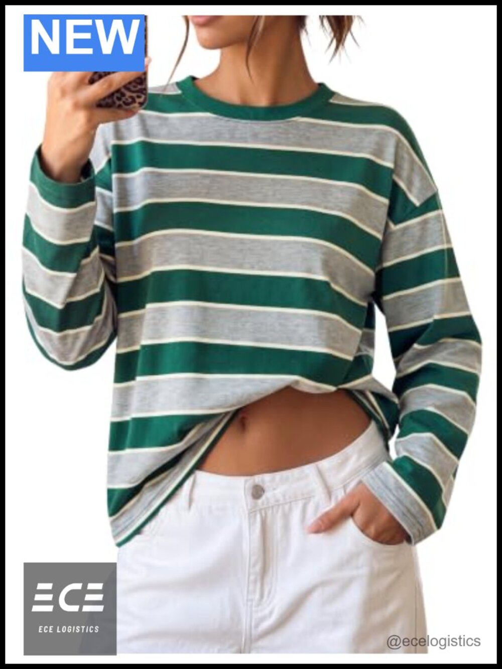 Womens Oversized Striped Long Sleeve T Shirt Crew Neck Pullover Top